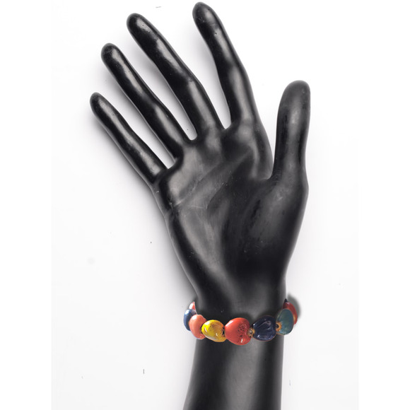 Handmade Glazed Multi-Color Porcelain Heart Bead Stretch Bracelet 7 1/4" - Picture 2 of 3